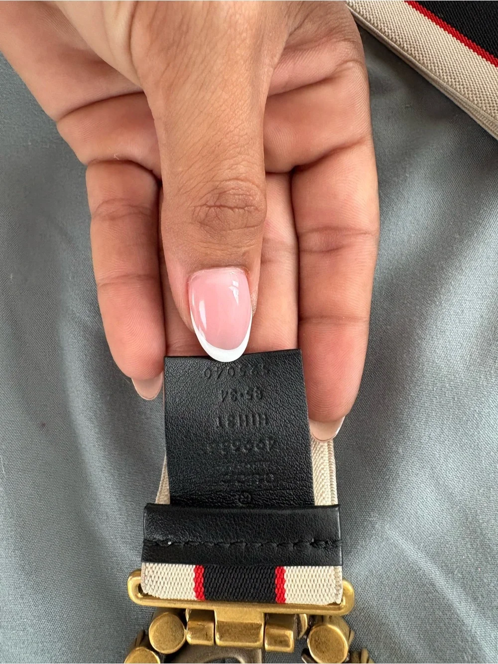 Gucci beige black red striped canvas strap with gold hardware